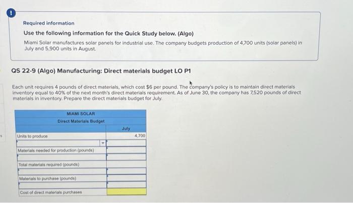  Required information Use the following information for the Quick Study below.