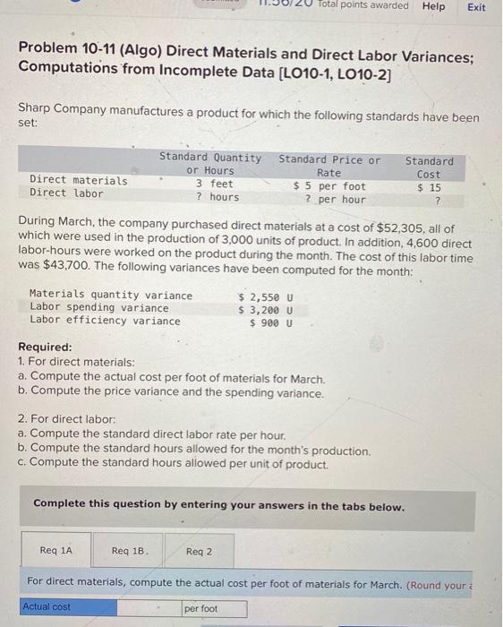  Problem 10-11 (Algo) Direct Materials and Direct Labor Variances; Computations from
