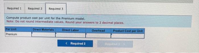 whole dollar amount. Compute product cost per unit for the Premium model.