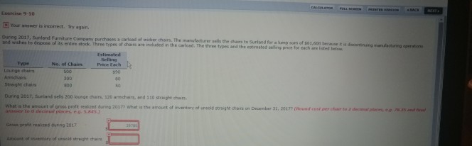 Exercise 9-10 Your onswer is intrrect. Try ager. Duneg 2017, Sunland