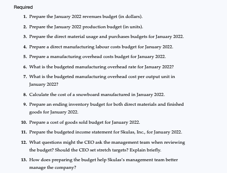 Skulas, Inc, manufactures and sells snowboards. Skulas manufactures a single model, the