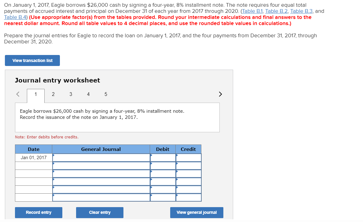 1, 2017, Eagle borrows $33,000 cash by signing a four-year, 6% installment
