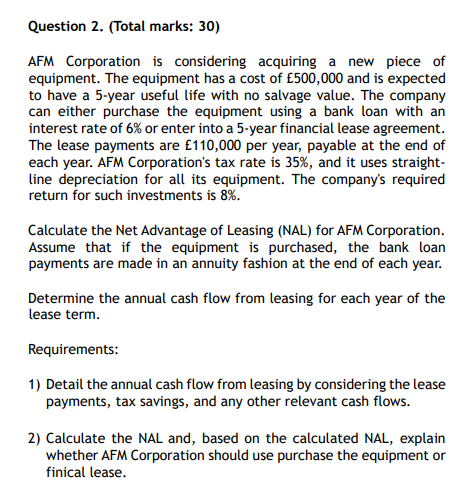  Question 2.(Total marks: 30) AFM Corporation is considering acquiring a new