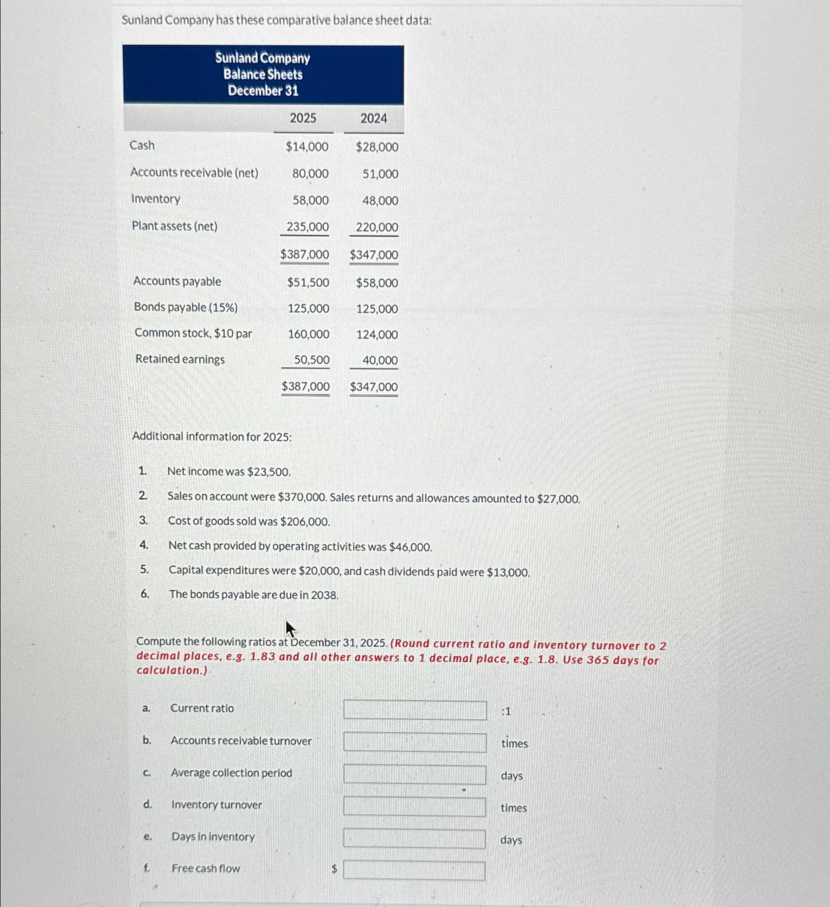  Sunland Company has these comparative balance sheet data: \table[[\table[[Sunland Company],[Balance Sheets],[December