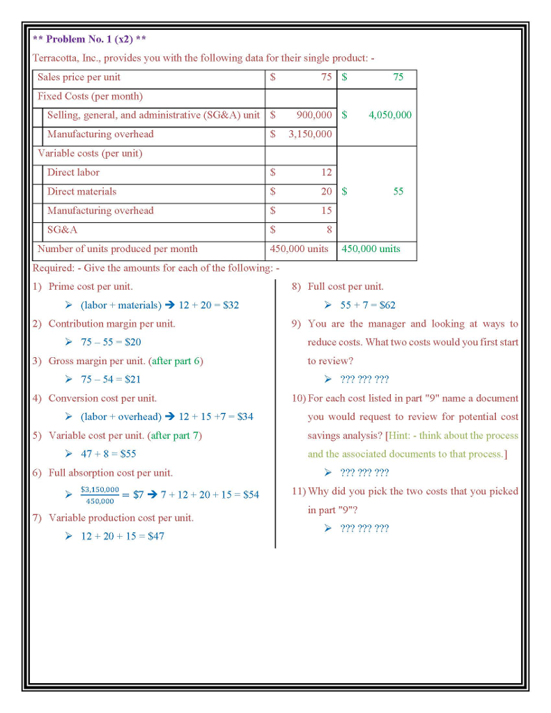 Just Answer No. 9, 10, and 11 * Problem No. 1