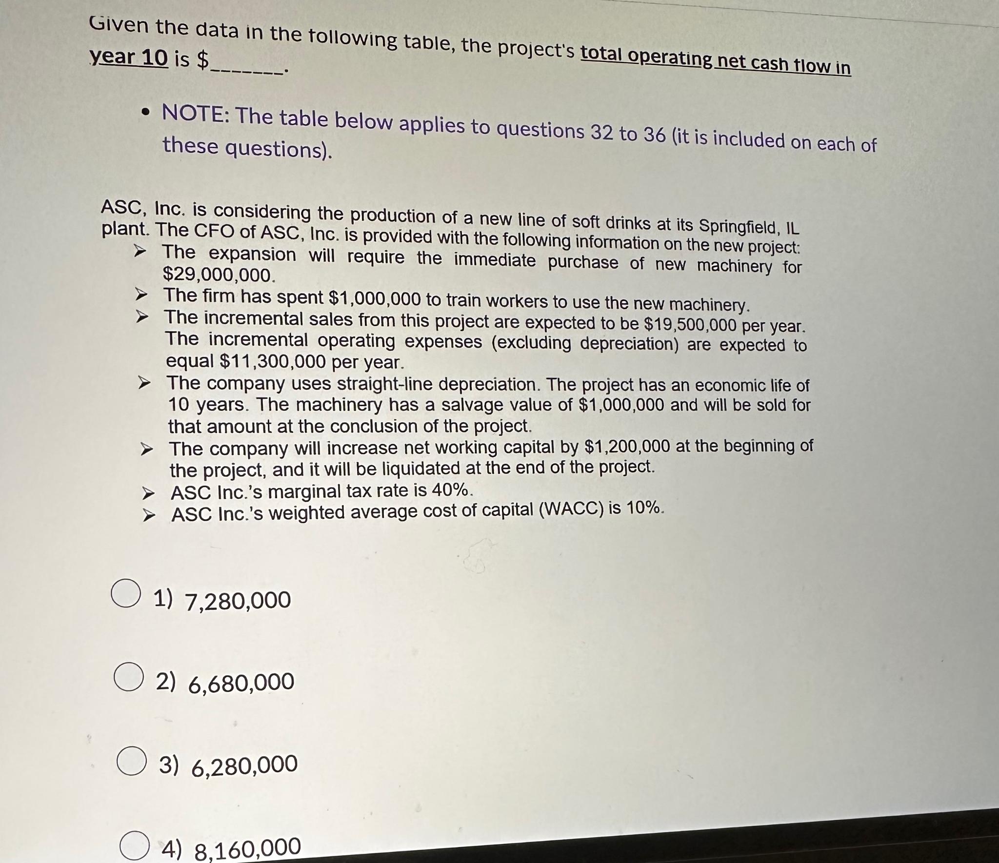  Given the data in the following table, the project's total operating