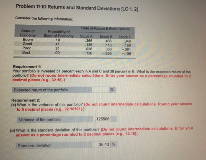  Problem 11-10 Returns and Standard Deviations LO 1, 2] Consider the
