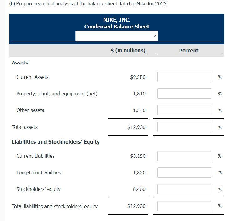 Please show all work with formulas--Thank you, (b) Prepare a vertical analysis