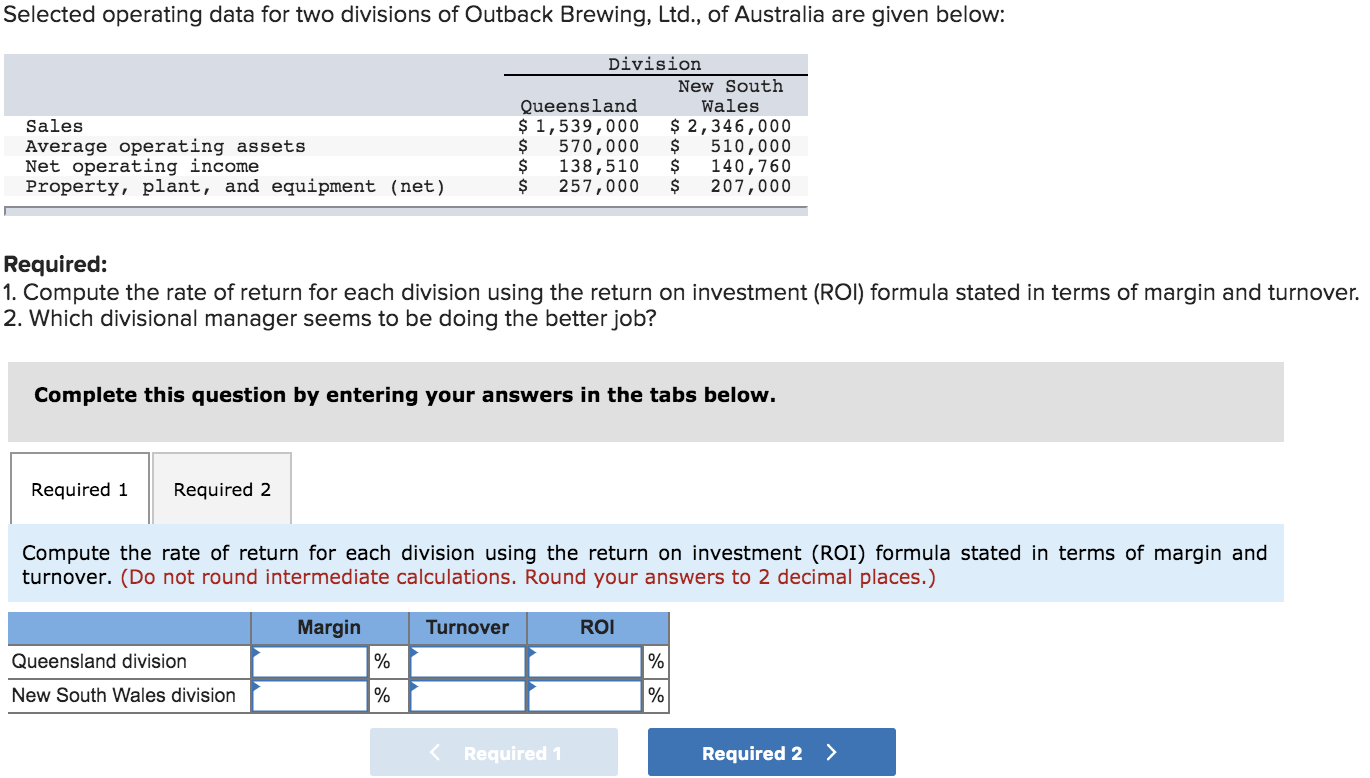  Selected operating data for two divisions of Outback Brewing, Ltd., of