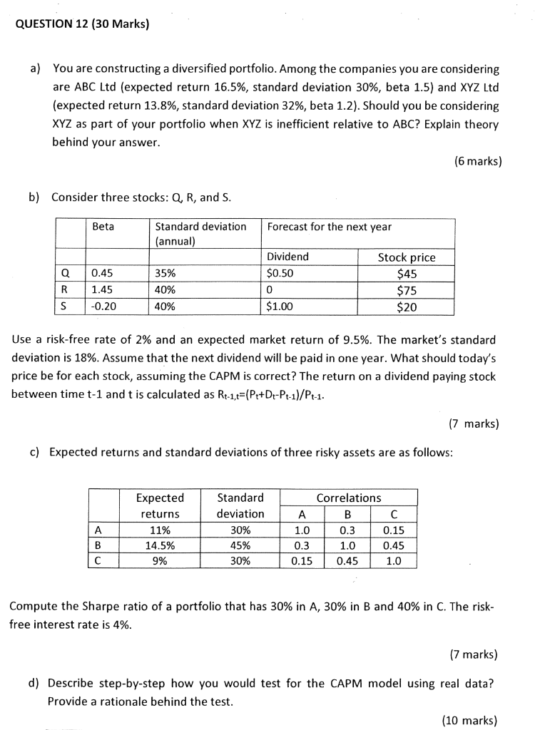  QUESTION 12 (30 Marks) a) You are constructing a diversified portfolio.