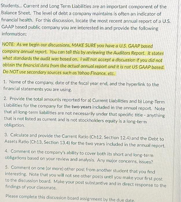  Students... Current and Long Term Liabilities are an important component of