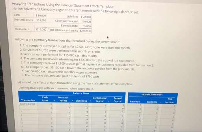  Analyzing Transactions Using the Financial Statement Effects Template Hanlon Advertising Company