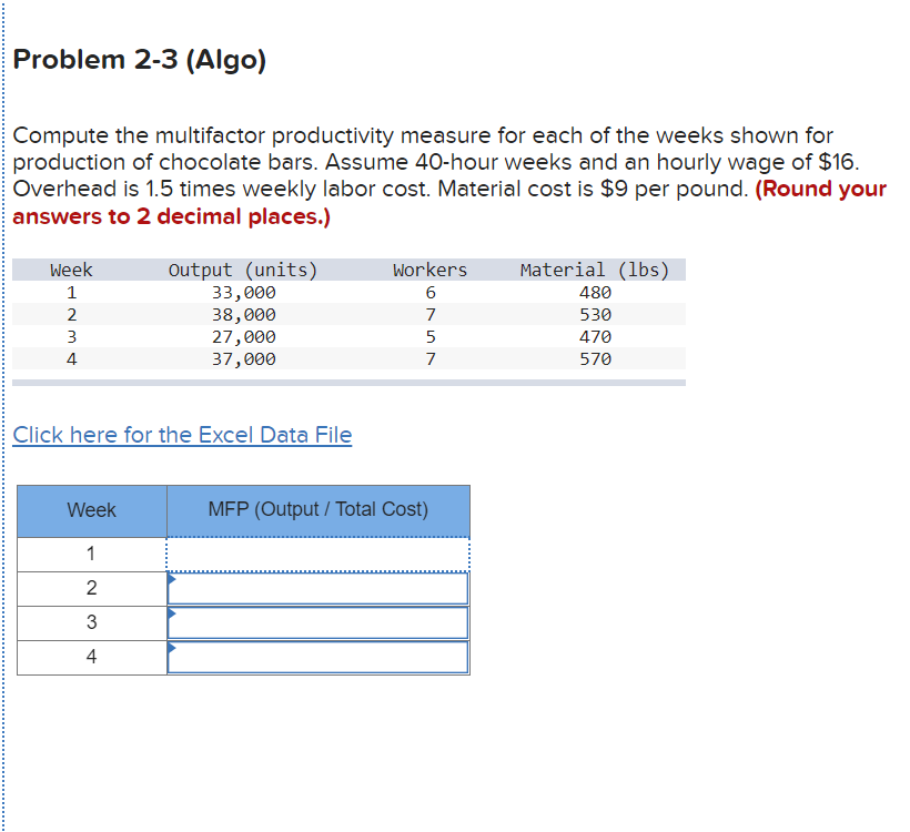  Problem 2-3 (Algo) Compute the multifactor productivity measure for each of