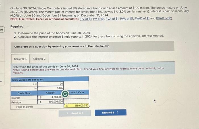 HELP On June 30,2024 , Single Computers issued 8% stated rate bonds