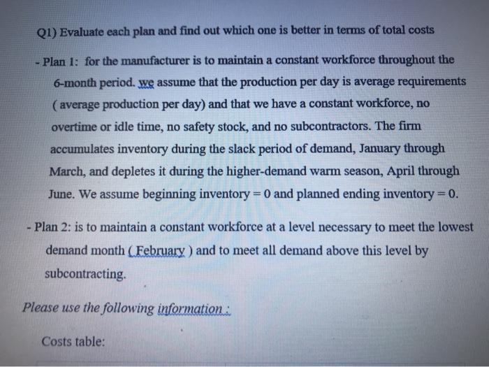  Production planning Q1) Evaluate each plan and find out which one