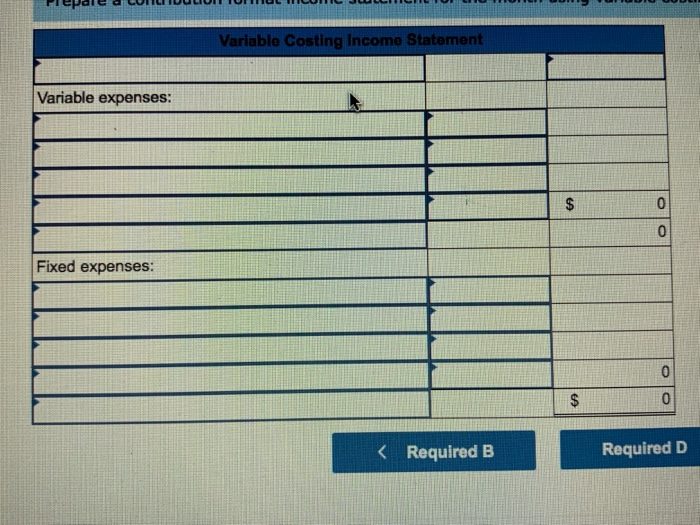 Variable manufacturing overhead Variable selling and administrative expense Fixed costs: Pixed manufacturing