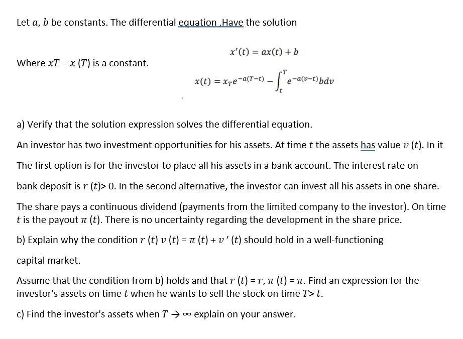  Let a, b be constants. The differential equation .Have the solution