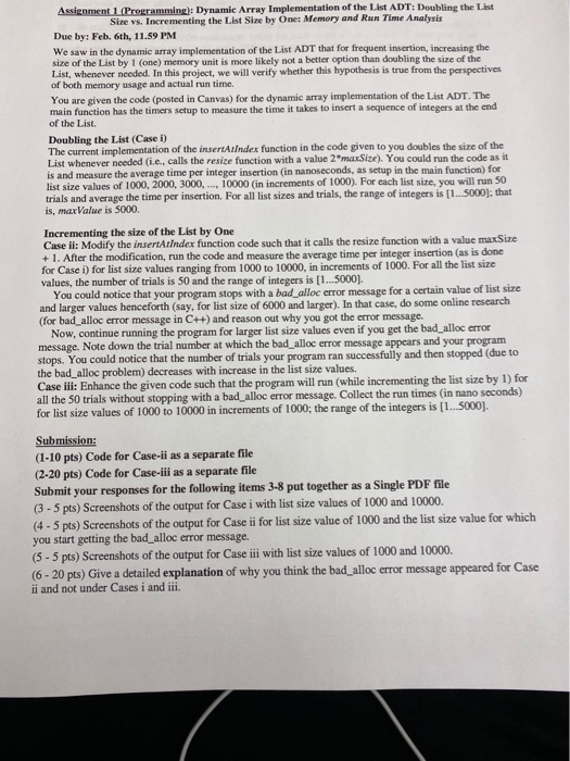  Assignment 1 (Programming: Dynamic Array Implementation of the List ADT: Doubling