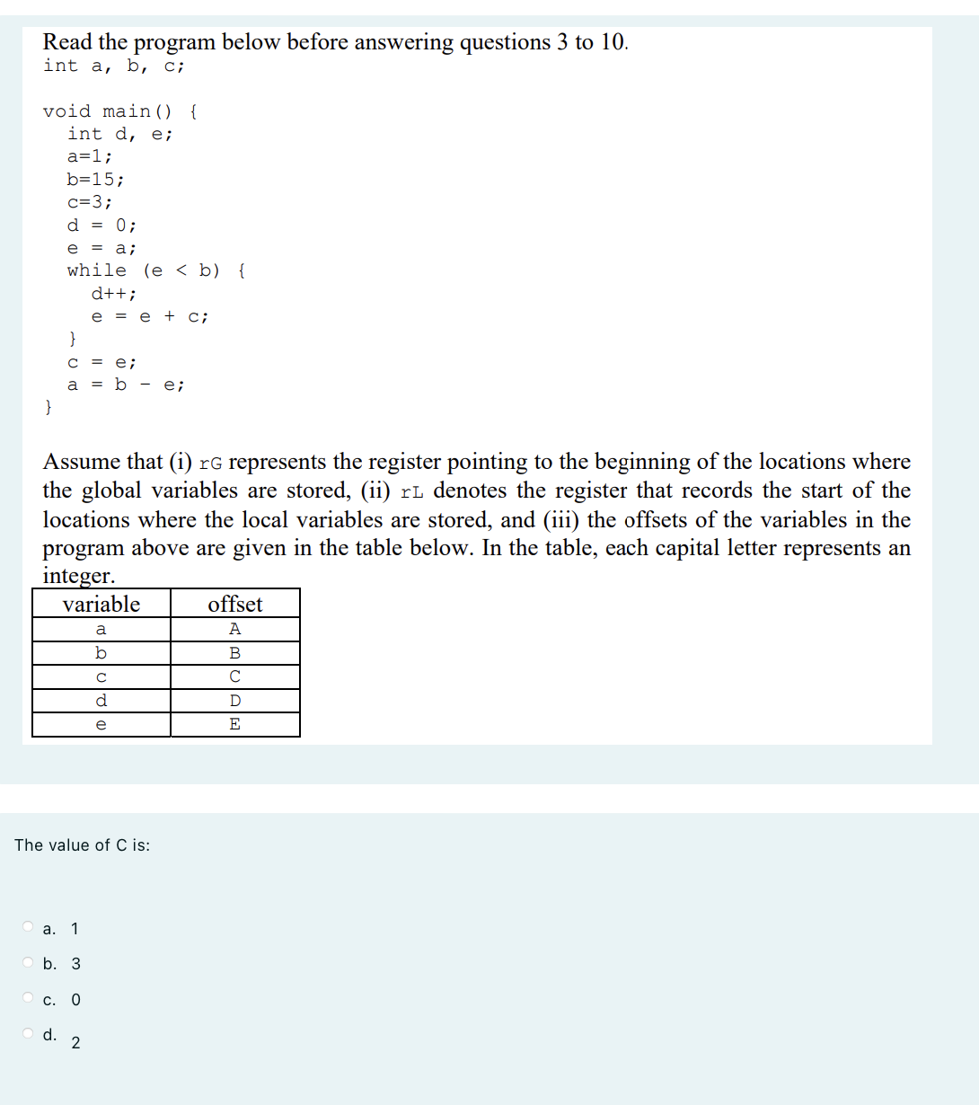  The value of E is: a.-1 b.0 c.2 d.1 Which one