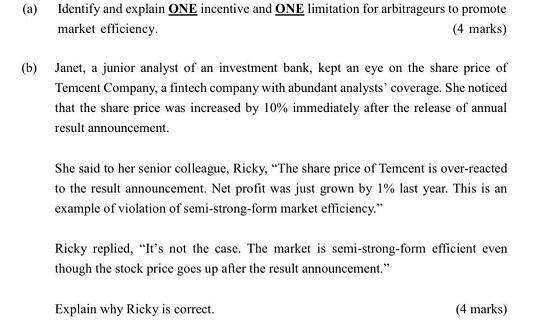  (a) Identify and explain ONE incentive and ONE limitation for arbitrageurs