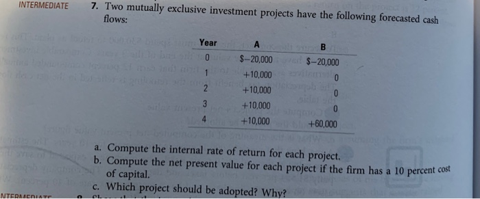  INTERMEDIATE 7. Two mutually exclusive investment projects have the following forecasted