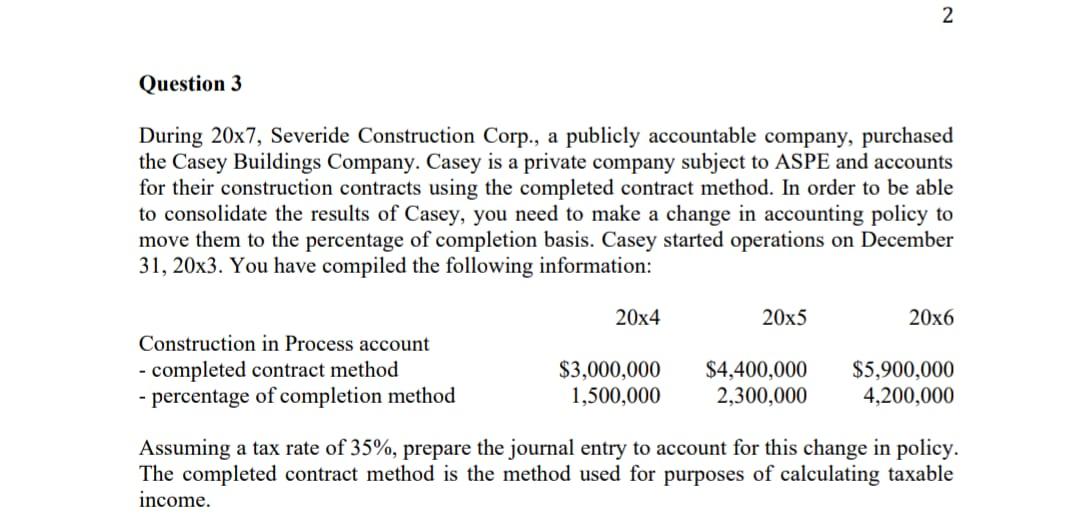  2 Question 3 During 20x7, Severide Construction Corp., a publicly accountable