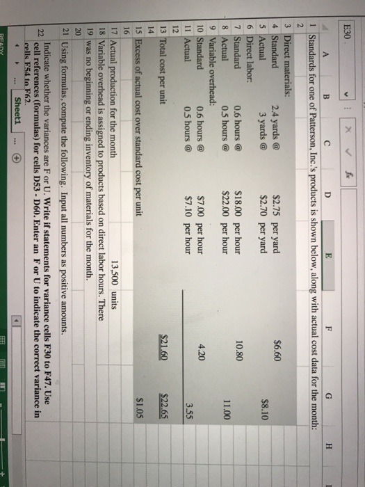  Please provide excel formula I need the formulas!!! E30 Standards for