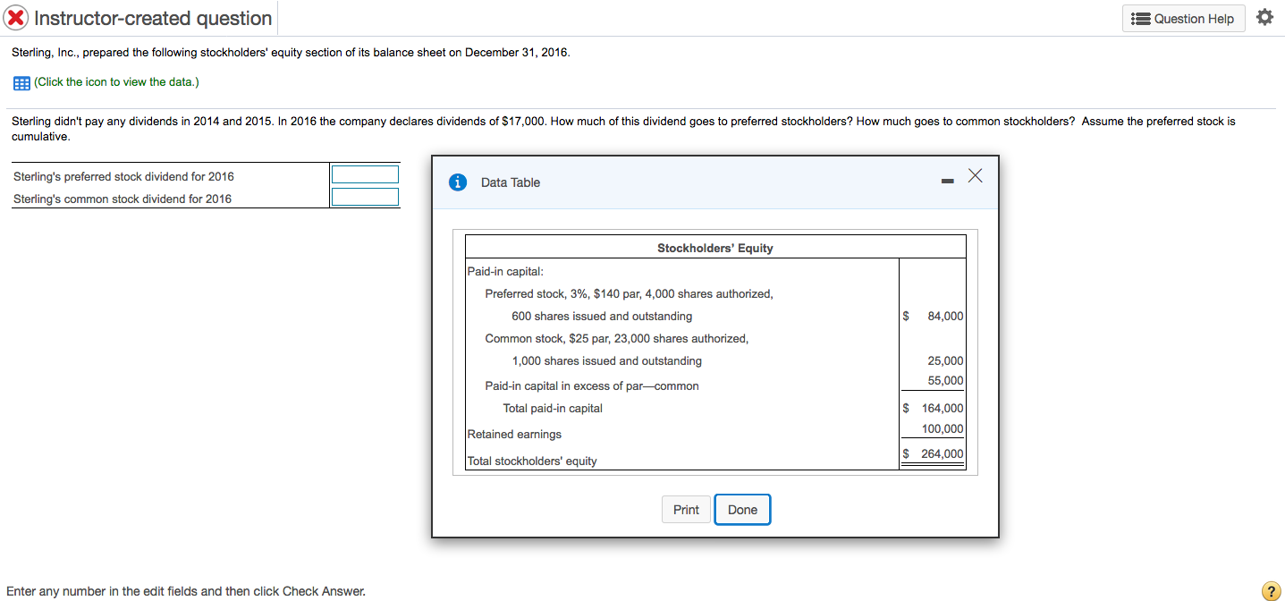  X Instructor-created question Question Help Sterling, Inc., prepared the following stockholders'