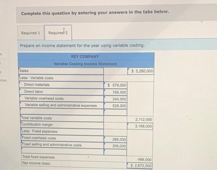 2. Prepare an income statement for the year using variable costing. Complete