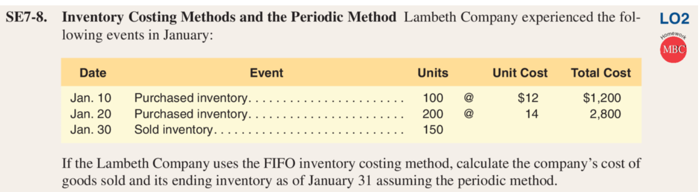  LO2 SE7-8. Inventory Costing Methods and the Periodic Method Lambeth Company