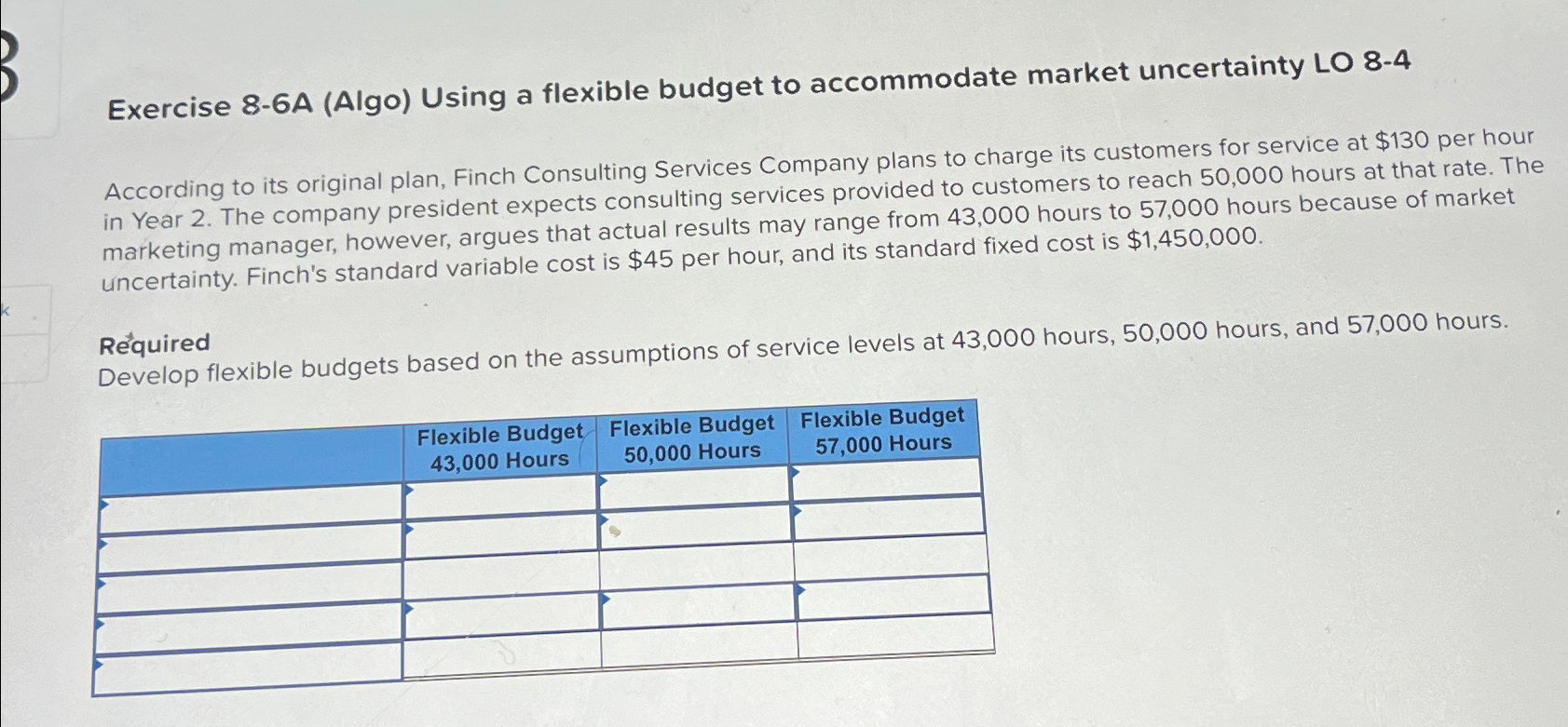  Exercise 8-6A (Algo) Using a flexible budget to accommodate market uncertainty
