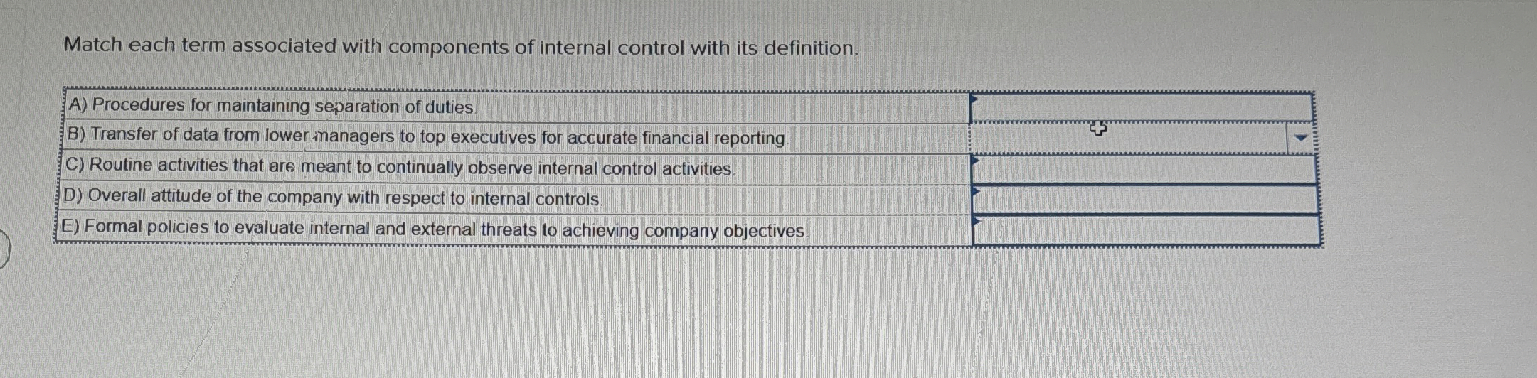  Match each term associated with components of internal control with its