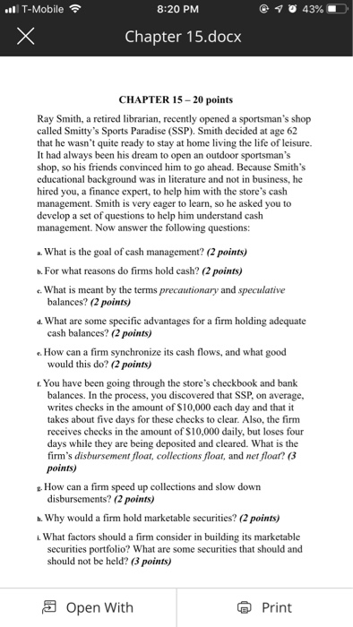  T-Mobile 8:20 PM @ 43% .- Chapter 15.docx CHAPTER 15-20 points