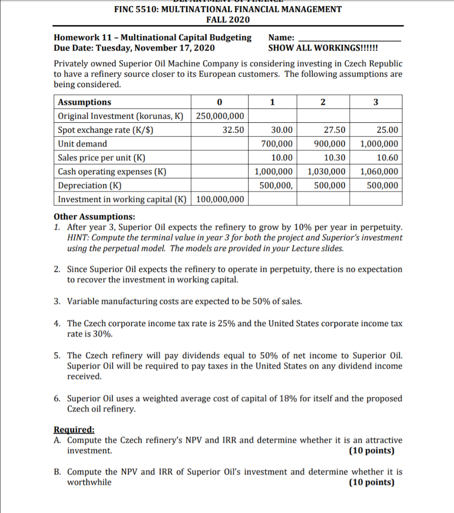 FINC 5510: MULTINATIONAL FINANCIAL MANAGEMENT FALL 2020 Homework 11 - Multinational