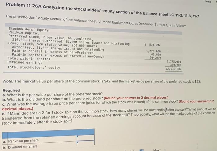  Help Problem 11-26A Analyzing the stockholders' equity section of the balance