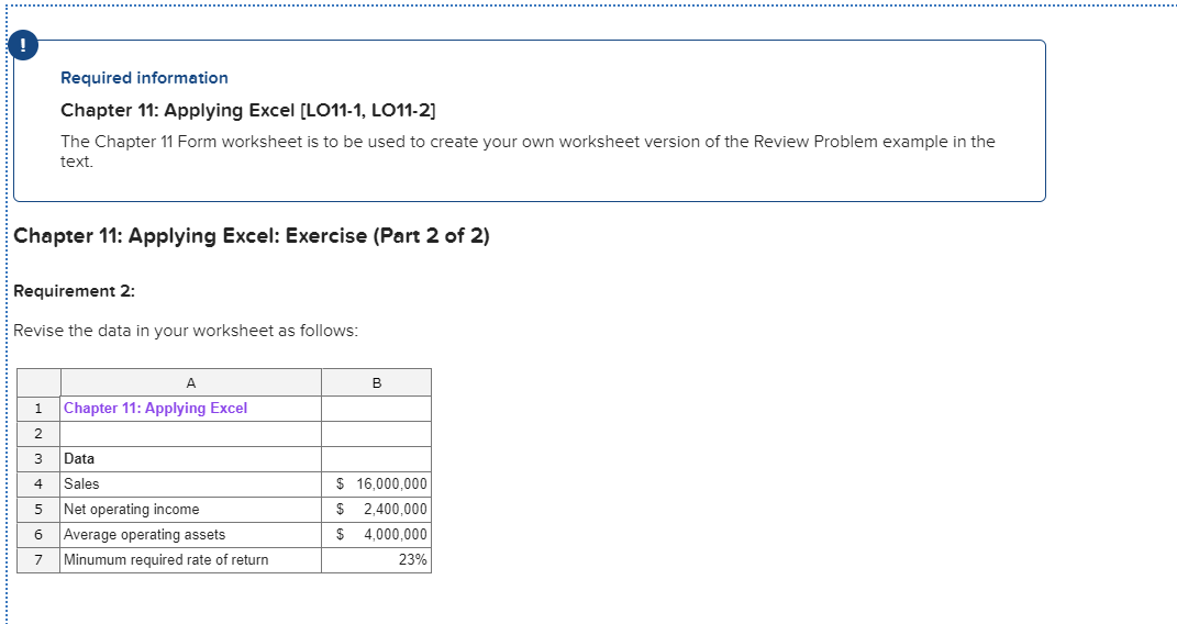 Required information Chapter 11: Applying Excel (LO11-1, LO11-2) The Chapter 11