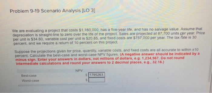  Problem 9-19 Scenario Analysis [LO 3] We are evaluating a project