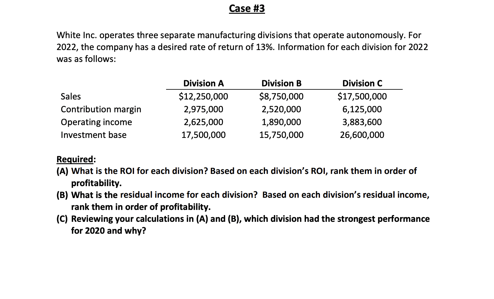  Case \#3 White Inc. operates three separate manufacturing divisions that operate