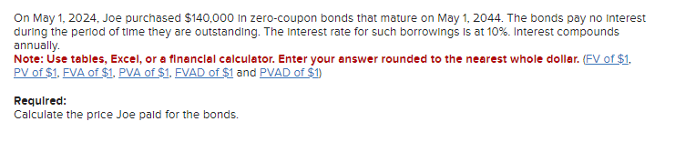  On May 1,2024, Joe purchased $140,000 in zero-coupon bonds that mature