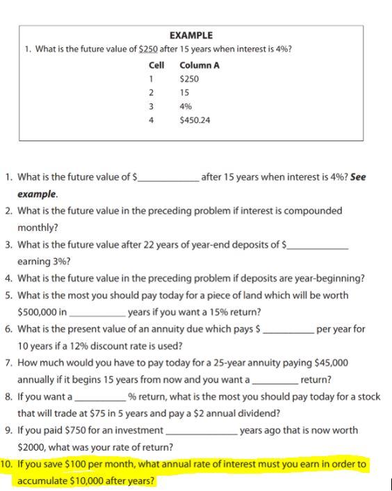  Please answer question #10. EXAMPLE 1. What is the future value