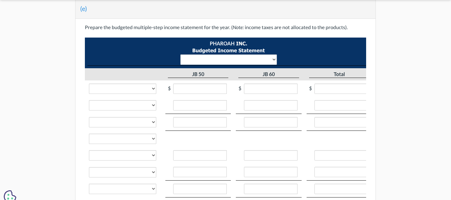 (not allocated to products). Income taxes are expected to be 20%. Prepare