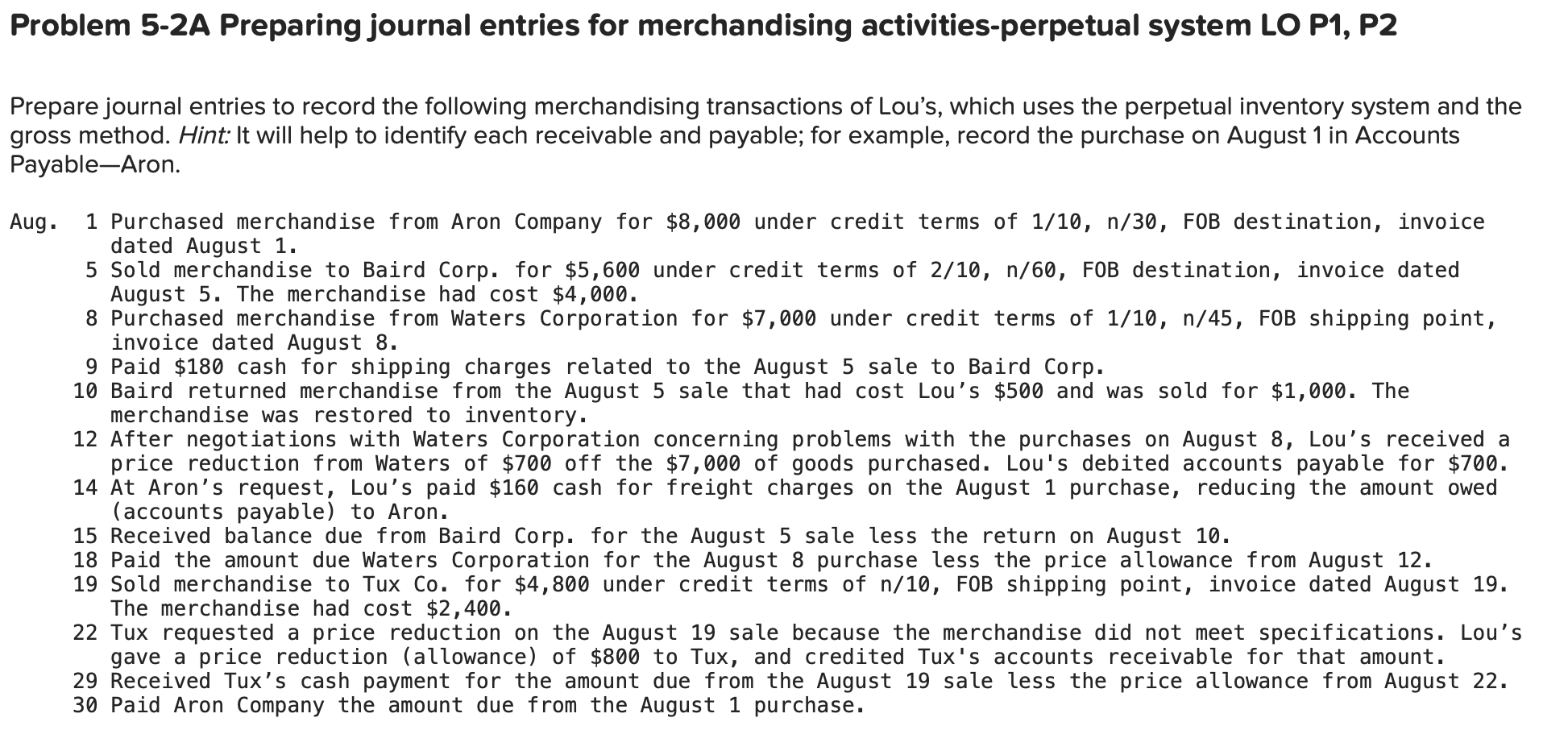  Problem 5-2A Preparing journal entries for merchandising activities-perpetual system LO P1,