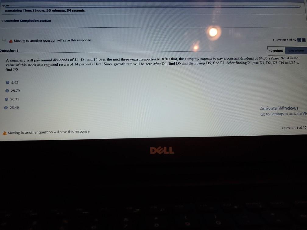  Remaining Time 3 hours, 55 minutes, 34 seconds. Question Completion Status: