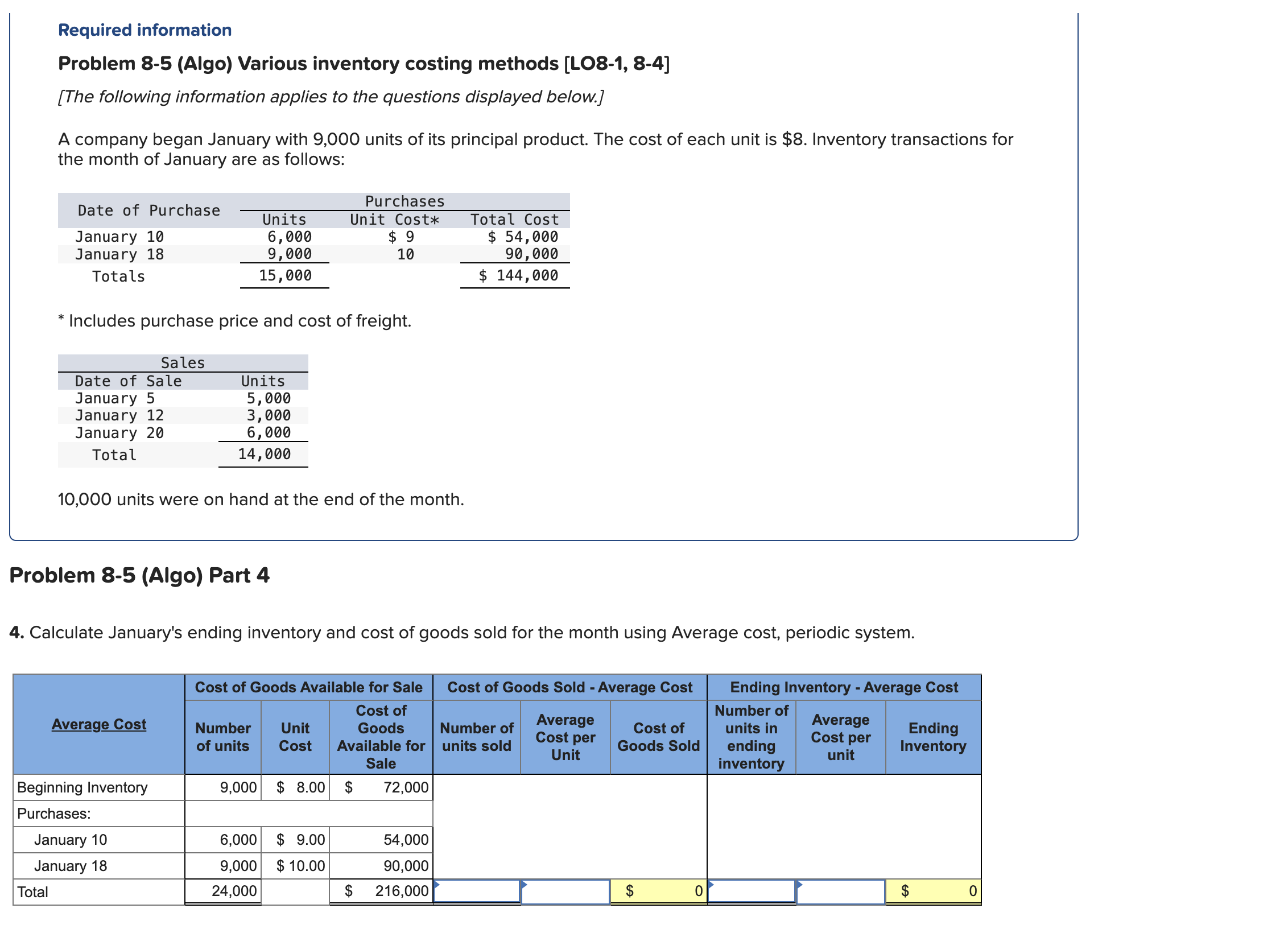  Problem 8-5 (Algo) Various inventory costing methods [LO8-1, 8-4] [The following