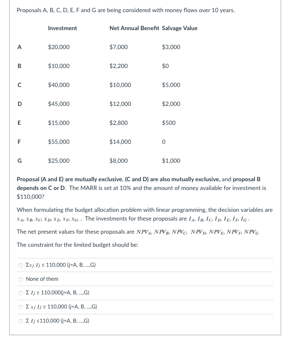 considered with money flows over 10 years. Proposal (A and E) are