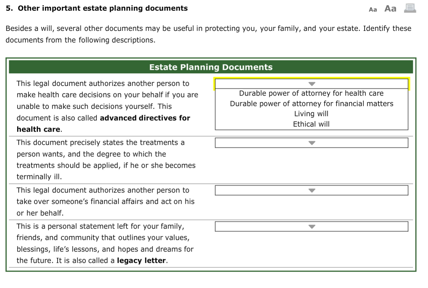 5. Other important estate planning documents Aa Aa E Besides a