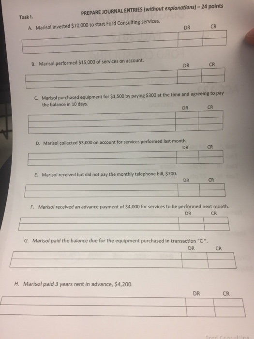  PREPARE JOURNAL ENTRIES (without explanations)-24 points Task I. CR A. Marisol