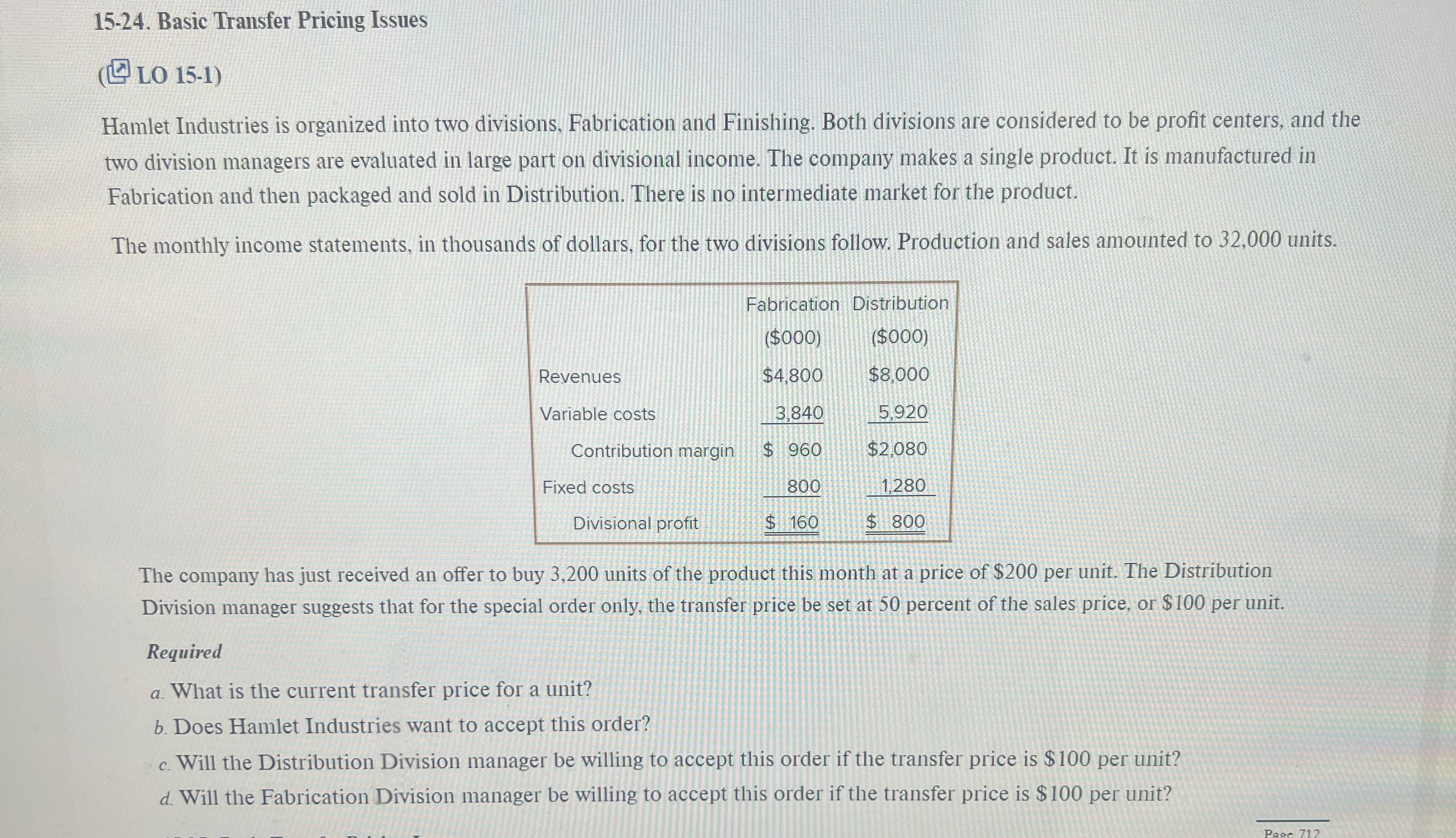  15-24. Basic Transfer Pricing Issues ( LO 15-1) Hamlet Industries is