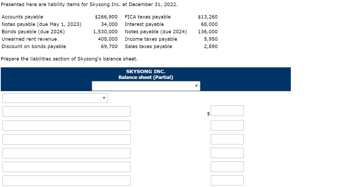 Need help please Presented here are liability items for Skysong Inc. at