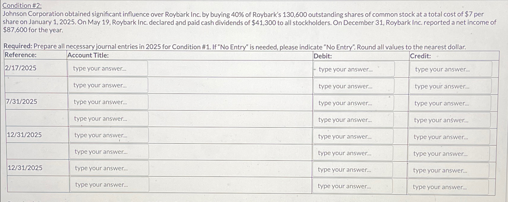  Condition #2: Johnson Corporation obtained significant influence over Roybark Inc. by